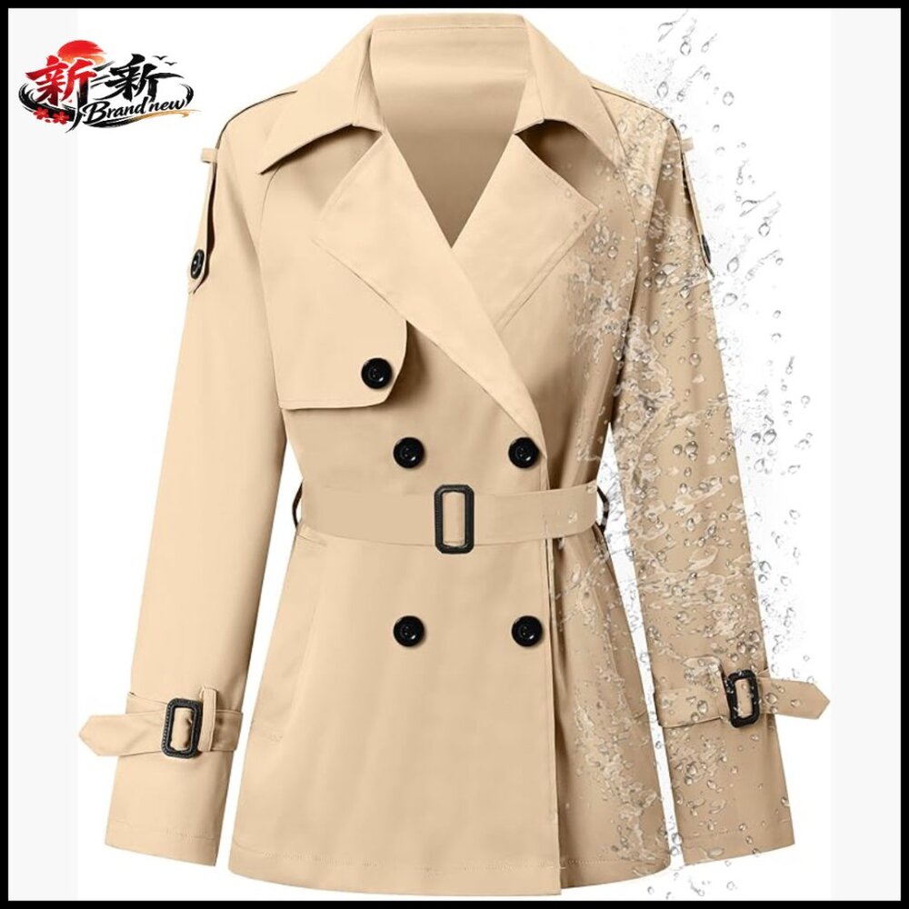 Double Breasted Short Trench Coat Water-Resistant with Belt